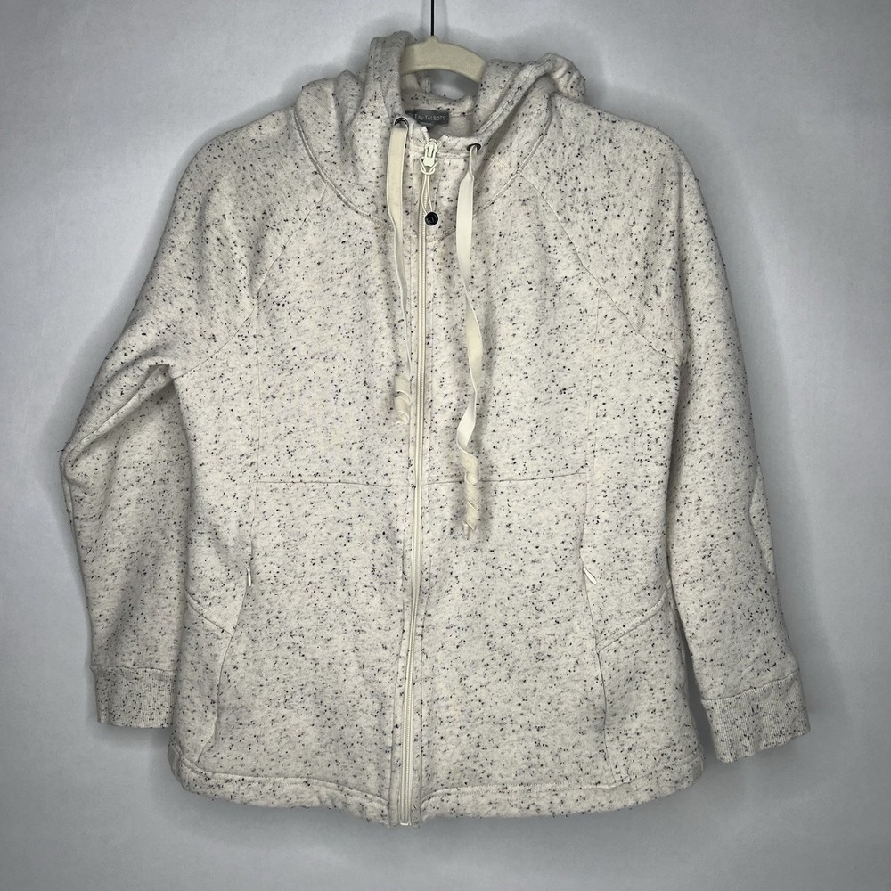 T By Talbots M L Zip Up Hooded Jacket Heathered Cream Zip Pockets Cotton Blend